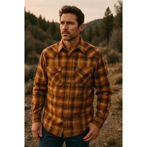 Pendleton Frontier Brown Gold Tan Plaid Snap Shirt – Size L – Western Classic